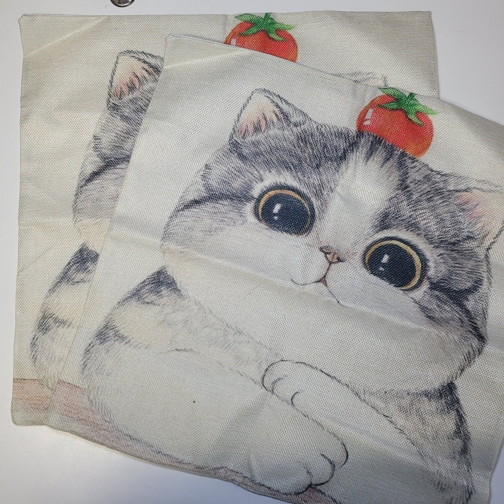 Cat Pillowcases 17 Inch‎ Square Pair Set Grey White Kitten Tomato Print